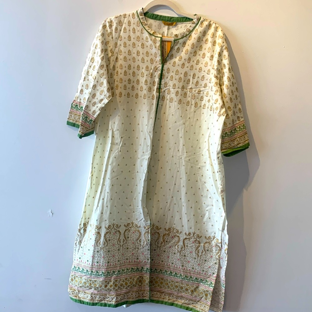 Aurelia XXL Kurta Off White Gold, Pink + Green Accents  Kurta